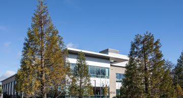 exterior of Arrillaga Science Center with tree and clear sky